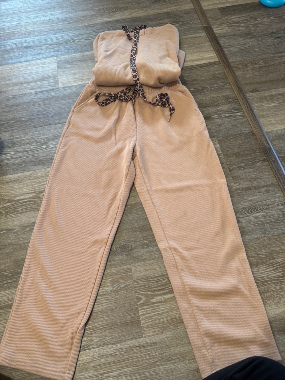 Women's High-Waist Ribbed Wide-Leg Jumpsuit - Tan with Leopard Tie